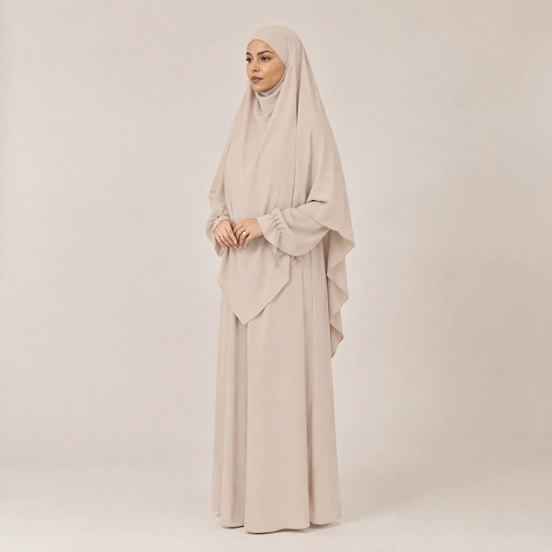 [2316-2501JAZZ_BEIGE] Ensemble Abaya Khimar 2 pièces en Tissu Jazz, ref: 2316+2501jazz (Beige)